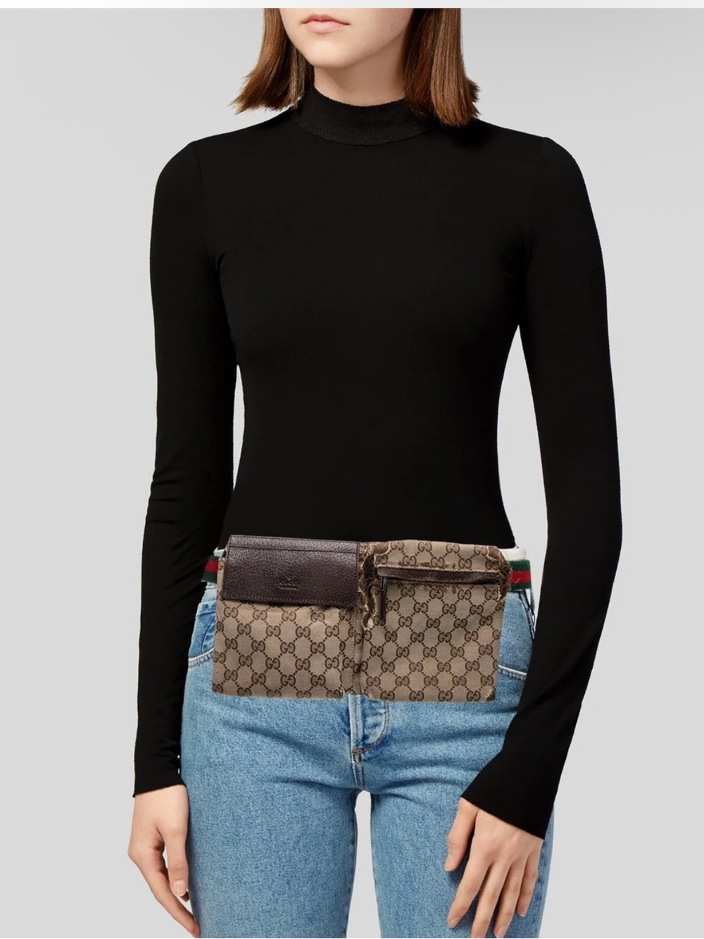 Gucci Beige GG Canvas Double Pouch Belt Bag with Brown Leather Flap